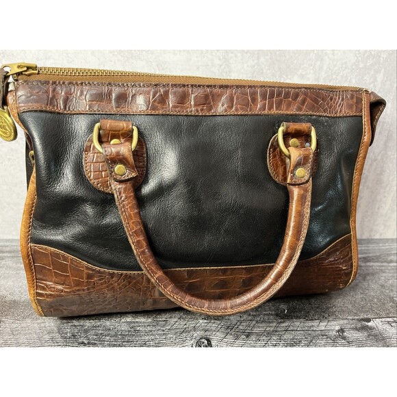 BRAHMIN HANDBAG BLACK  PURSE WITH  BROWN  CROCODILE ALLIGATOR AND GOLD  ACCENTS - Picture 3 of 13